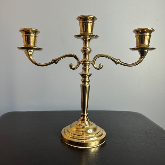 Vintage Brass 3 Arm 9” Candelabra with Brass & Wood Candle Snuffer - Picture 8 of 17